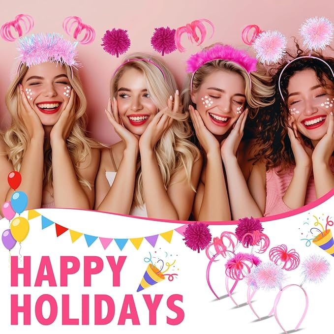 Censen 16 Pcs Pom Pom Headband Party Headbands Tinsel Wrapped Ponytail Head Bopper Costume Headwear Team Spirit Accessories