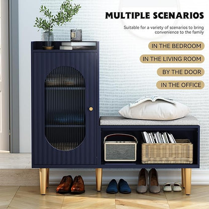 HLR Storage Bench with Glass Door&Shelf, Modern Entryway Shoe Cabinet Bench with Padded Seat, Blue L-Shaped Storage Cabinet for Hallway, Bedroom, Living Room, Office