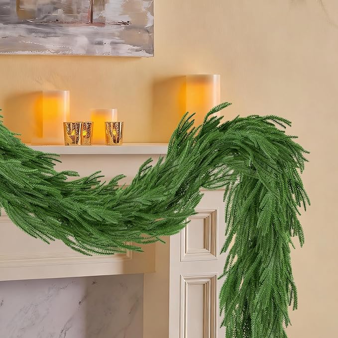 2Pcs 5FT Christmas Garland Artificial Norfolk Pine Garlands Real Touch Winter Green Greenery Garland Christmas Decoration Xmas Garland for Door Table Mantle Wall Indoor Outdoor Christmas Decor