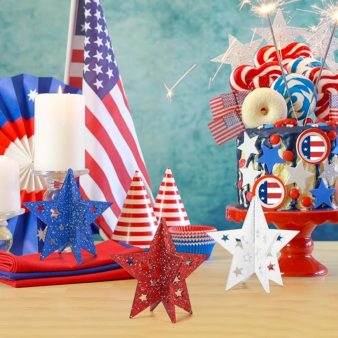 COCHIE 6 Inch Labor Day Decorations Wooden Stars Set, 3D Glitter Star Memorial Day Tiered Tray Decor, 4th of July Red White Blue Patriotic Decoration for Home Table Desk Door Shelf (Cutout, Set of 3)