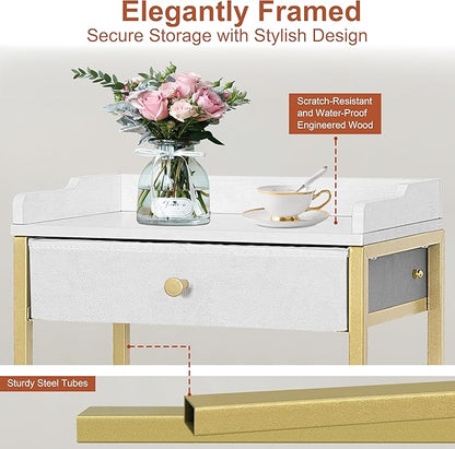 Small Tall Side Table with Storage Basket, High End Table with Drawer, 4-Tier Bathroom Storage Shelves with Optional Wheels, Nightstand for Dorm, Living Room, Bedroom, Gold & White