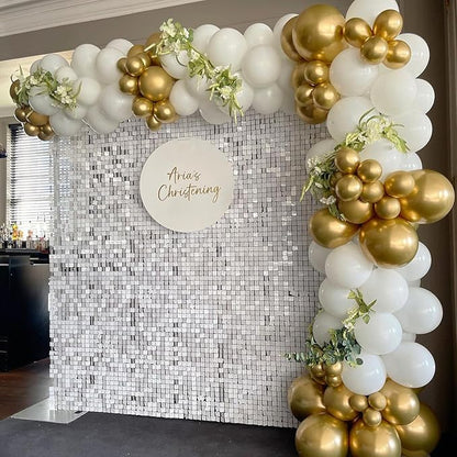 COKAOBE Mirror White Shimmer Wall Backdrop, 24PCS Square Sequin Shimmer Backdrop Panel, Photo Backdrops for Birthday, Anniversary, Wedding, Graduation & Bachelorette Party Decoration