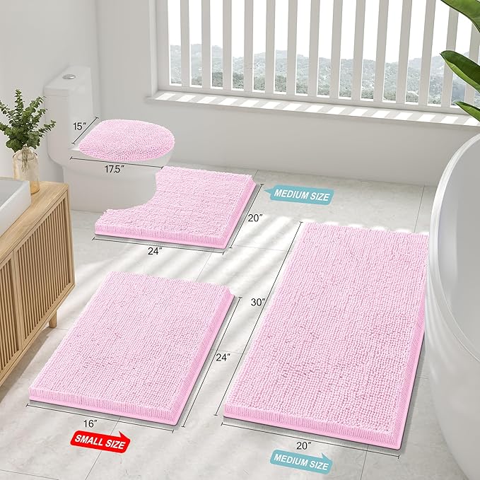 Smiry Luxury Chenille Bathroom Rugs 44x24, Extra Soft and Absorbent Shaggy Bath Mat, Machine Washable, Non-Slip Plush Carpet Runner for Tub, Shower, and Floor, Home Decor Accessories, Pink
