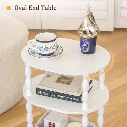 MaxSmeo White Side Table with Charging Station, 3-Tier Small Oval End Table with USB Ports and Outlets, Modern Night Stand Wood Accent Table for Living Room, Bedroom, White