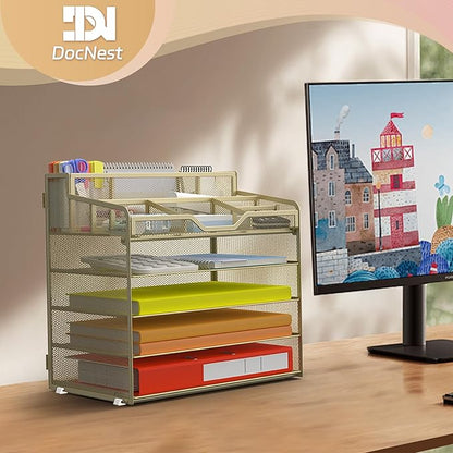 Docnest 5 Tier Mesh Desk Organizer for Paper Office Supplies – Multi-Functional Letter Tray with 5 Adjustable Compartments, 3 Pen Holders, Desktop Storage for Files, Mail, Stationery – Gold