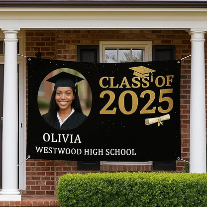Custom Graduation Banner Class of 2025 with Photo and Name – Personalized Congrats Sign for High School or College Seniors – Indoor Outdoor Graduation Party Decoration