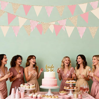 Dusty Rose Pink Buffalo Plaid Champagne Gold Party Decorations Pennant Banner Flag Hanging Glitter Paper Triangle Bunting for Women Girls Birthday Baby Shower Wedding Bridal Shower Hen Party Supplies