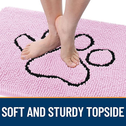 OLANLY Dog Door Mat for Muddy Paws 48x30, Paw Print Design, Absorbs Moisture and Dirt, Absorbent Non-Slip Washable Doormat, Quick Dry Chenille Mud Mat for Dogs, Entry Indoor Entryway Carpet, Pink
