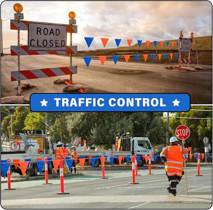 105ft Pennant Banner Flag, 7"x10" Fluorescent Orange and Blue Safety Flagging Banner Warning Flag for Construction Site/Traffic Control/Boundary Barrier Signs, Perimeter Marking Flags on String, 45 Flags