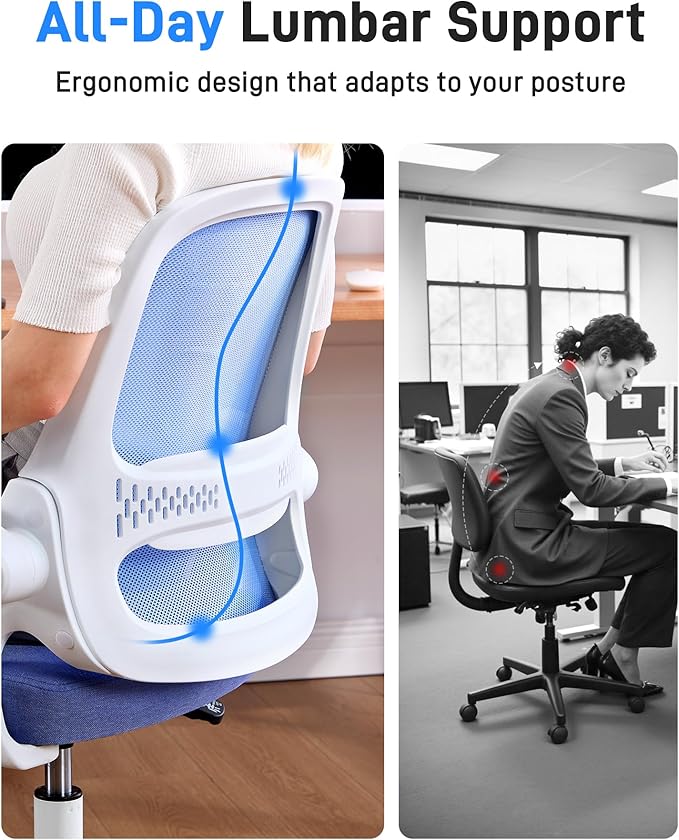 Ergonomic Mesh Office Chair for Home Office, Flip-Up Arms, Breathable Mesh Back & Thick Seat Cushion, Swivel Rolling Computer Desk Chair – BIFMA Certified, Supports 300 lbs (White Frame/Blue Seat)