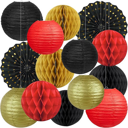 14Pcs Casino Theme Party Decorations, Hanging Red Black Gold Paper Lanterns Fans for Graduation Wedding Birthday Game Night Hibachi New Years Eve Hollywood Theme Party Decorations