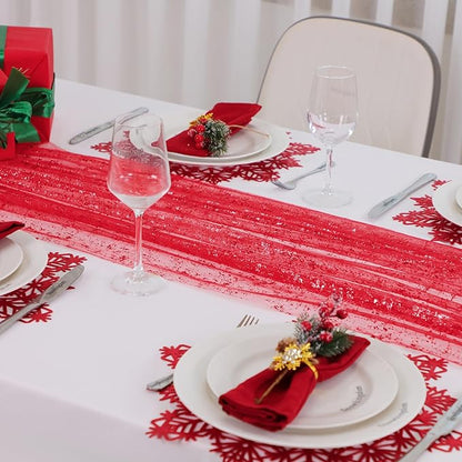 Snowkingdom 6 Pcs Red Glitter Table Runner 10 FT, Sheer Chiffon Sparkle Gauze Cheesecloth Mesh Runners 120 Inch, Red Table Centerpieces Decoration for Birthday Party Wedding Christmas Mothers Day