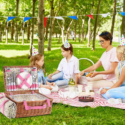Wicker Picnic Basket for 4 with Waterproof Picnic Blanket and Insulated Cooler, Willow Hamper for Camping, Outdoors, Photoshoot, or a Birthday, Valentine’s Day, Wedding Gift, Pink