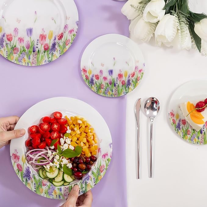 WELLIFE 20PCS Floral Plastic Plates – Tulip Flower Dinner & Dessert Plates (10×9.2" + 10×6.3") for Spring Garden Party, Mother’s Day Brunch, Bridal Shower & Girls/Ladies Party Decor