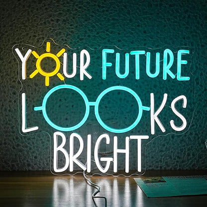 Your Future Looks Bright Neon Sign for Classroom Future Neon Light Eyeglasses Led Neon Sign Sunshine Light Up Sign for Classroom Office Bedroom Eyeglasses Store Class Office(16.5”*12.6”)