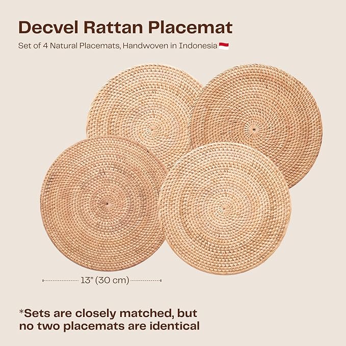 4-Pack Rattan Placemats - 13-inch Round Placemats (Natural Rattan Color) - Woven Place Mats, Round Table Mats - Wicker Chargers for Dinner Plates, Plate Chargers Boho - Kitchen Table Decor