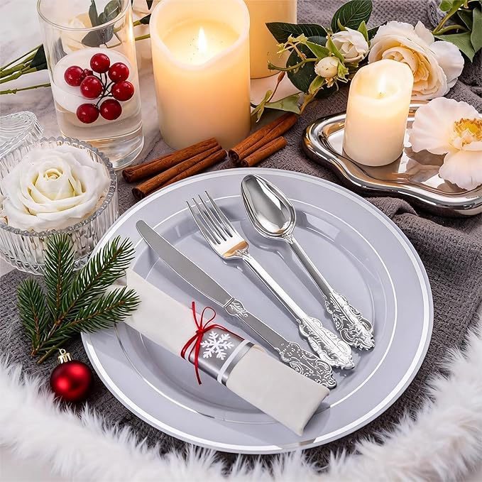 WELLIFE 50 Pack Silver Plastic Silverware,Christmas Silverware,Plastic Cutlery Set Include 50 Forks, 50 Knives, 50 Spoons and 50 Pre Rolled Napkins, Disposable Utensils for Party and Christmas