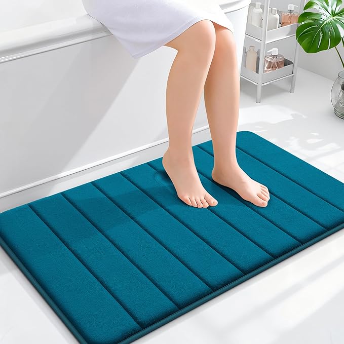 OLANLY Memory Foam Bath Mat 36x24, Super Soft Absorbent Bathroom Rugs, Quick Dry, Machine Washable Shower Floor Rugs, Bathmat Carpet, Bathroom Home Decor Accessories, Peacock Blue
