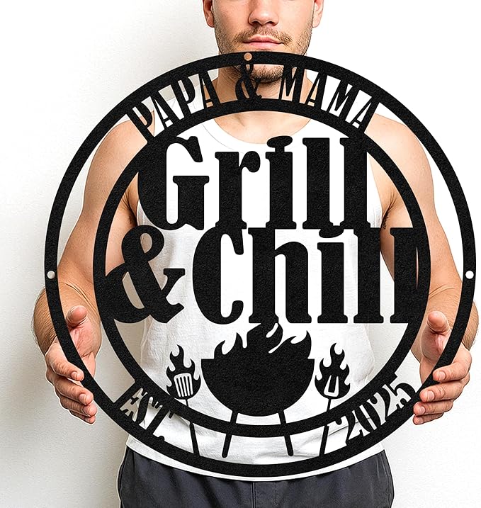 Personalized Backyard BBQ Cut Metal Sign, Custom Grill Name Wall Art for Garden Patio, Rustic Outdoor Dining Decor