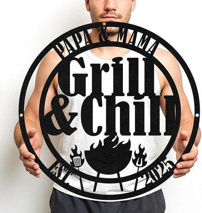 Personalized Backyard BBQ Cut Metal Sign, Custom Grill Name Wall Art for Garden Patio, Rustic Outdoor Dining Decor