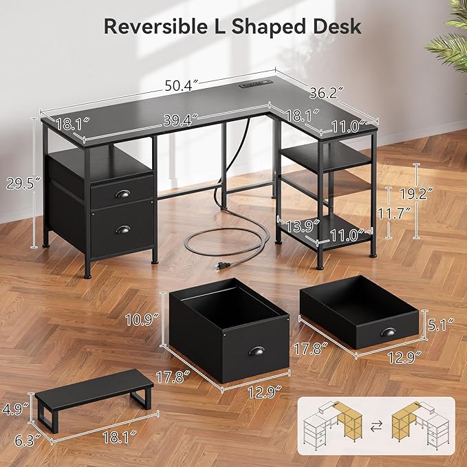 Furologee L Shaped Gaming Desk with Power Outlet, Corner Computer Desk for Home Office, Reversible 50 Inch Work Study Table with File Drawer, Monitor Stand, Storage Shelves, Black