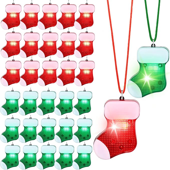 Yinkin 30 Pcs Christmas Light up Necklace for Adults Flashing Necklaces Christmas Accessory for Xmas Party Favors Stocking Stuffers Xmas Ornaments Decoration Party Supplies (Stocking)