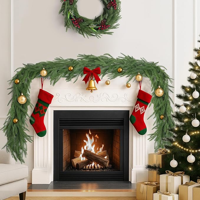 9FT Christmas Norfolk Pine Garland, Artificial Pine Needles Winter Garlands Faux Greenery Fake Garland for Holiday Fireplace,Table, Window, Stairs, Mante, Indoor Outdoor Decor (2 Pack, 9 FT)