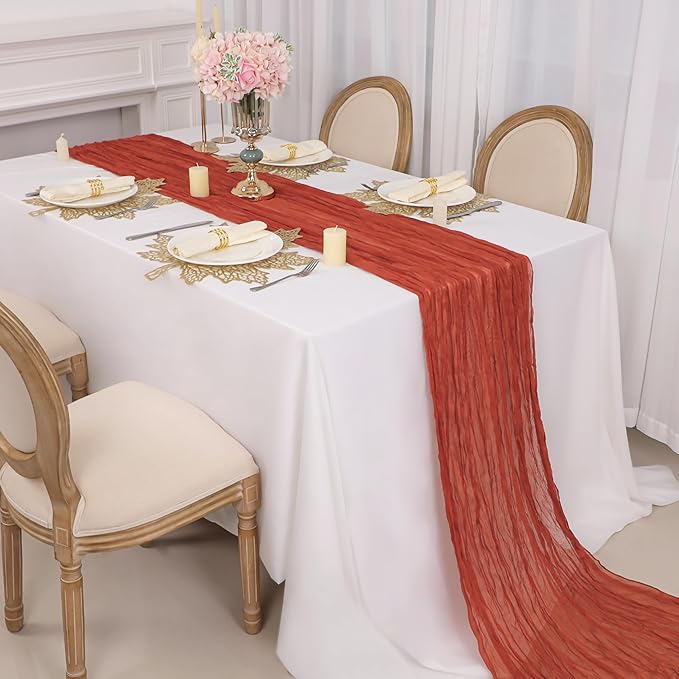 Snowkingdom 6PCS 10Ft Terracotta Cheesecloth Table Runner Bulk, 120inch Long Rust Cheese Cloth Boho Gauze Runner for Wedding Bridal Shower Rustic Sheer Fall Thanksgiving Table Decorations