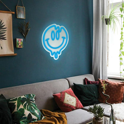 Smiley Face Neon Sign, LED Mirror Wall Light, Melting Smiley Face Decor for Girls, Cool Large Neon Sign for Room or Wall Decoration