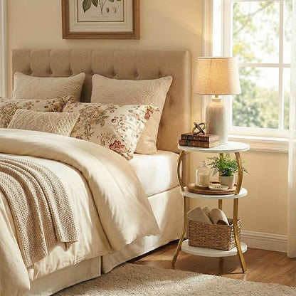 Vintage Small Round Side Table, 3-Tier Slim Waist Circular End Table with Storage Shelf, Compact Tea Sofa Table, Round Corner Coffee Table Nightstand for Living Room Bedroom Small Spaces,White+ Gold