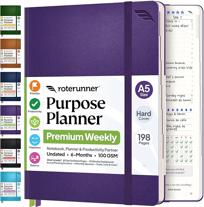 Roterunner Purpose Planner Notebook A5 5.8”x8.3” Undated 2026 Daily Weekly and Monthly Productivity Goal Setting Tool for Work Home ADHD Planner for Adults Self Care Journal (Purple Hardcover)