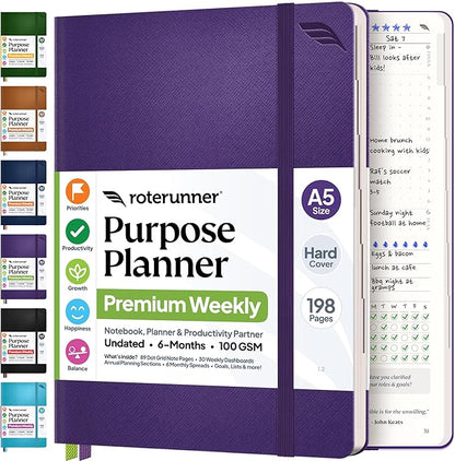 Roterunner Purpose Planner Notebook A5 5.8”x8.3” Undated 2026 Daily Weekly and Monthly Productivity Goal Setting Tool for Work Home ADHD Planner for Adults Self Care Journal (Purple Hardcover)