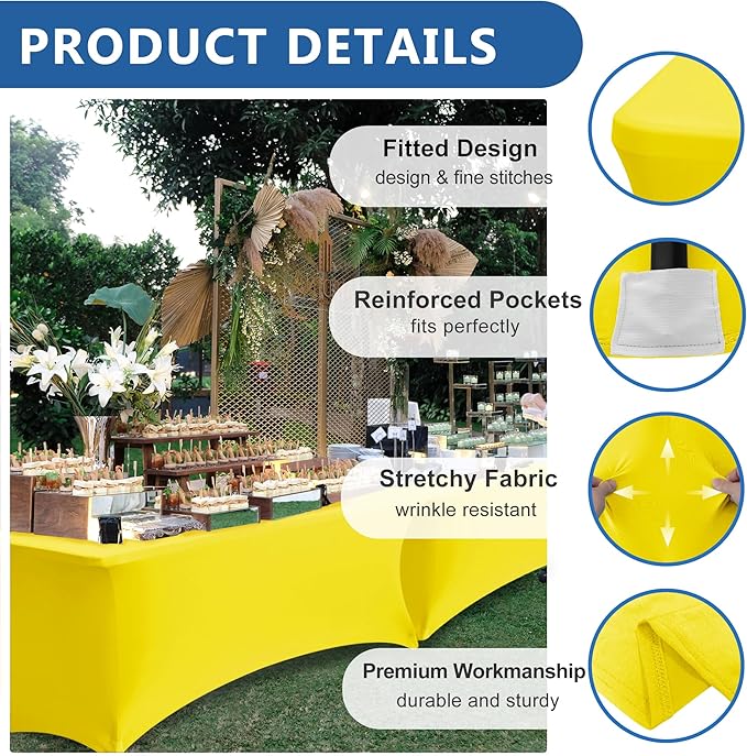 Fitted Stretch Table Cover for 4 Foot Rectangle Tables-8 Pack Yellow Spandex Tablecloth-Elastic Folding Tablecloths for Party, Vendor Booth Display, Banquet Buffet Event, Craft Trade Show