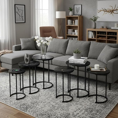 Lavish Home 6-Piece Nesting Table Set – Round Faux Marble Side & End Tables – Modern Space-Saving Accent Furniture for Living Room, Bedroom, Apartment, or Home Office (Black)