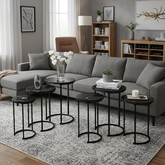 Lavish Home 6-Piece Nesting Table Set – Round Faux Marble Side & End Tables – Modern Space-Saving Accent Furniture for Living Room, Bedroom, Apartment, or Home Office (Black)