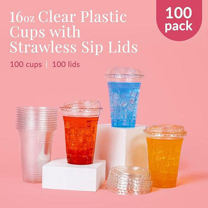 Prestee 100 Clear Disposable Iced Coffee Cups with Lids, 16oz - Plastic Cups with Strawless Sip Lids - Durable Cold Brew, Smoothie, or Beverage Cup for On-the-Go, Christmas and Holiday Party Supplies