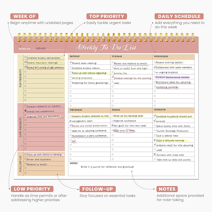 Weekly To Do List Notepad with 52 Undated Sheets（8.5"×11"）6 Pack - Undated Weekly Planner Notepad for Office Desk Accessories and Supplies - Sunshine Petal