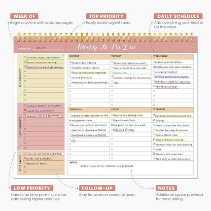 Weekly To Do List Notepad with 52 Undated Sheets（8.5"×11"）6 Pack - Undated Weekly Planner Notepad for Office Desk Accessories and Supplies - Sunshine Petal