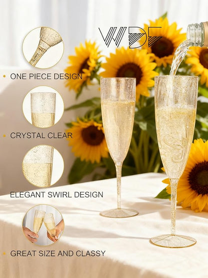 WDF 36-Pack Plastic Champagne Flutes - Gold Glitter Champagne Glasses Disposable - Perfect for Thanksgiving, Weddings, Birthday, Bridal Showers