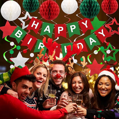 meowtastic Birthday Decorations, Happy Birthday Banner with Honeycomb Balls, Stars Hanging Swirl Streamers, Circle Dots Garland, Happy Birthday Party Decorations for Women Men Boys Girls (Red & Green)