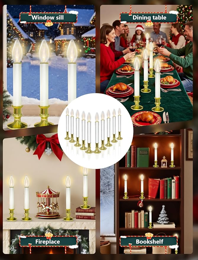 10 Pack Christmas Window Candles with 3V Ultra-Bright LED Warm White Bulbs, LED Battery Operated Window Candles, Gold Base, Flameless Candlestick for Indoor Christmas Window Table Mantel, Steady On