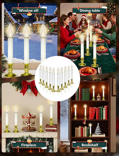 10 Pack Christmas Window Candles with 3V Ultra-Bright LED Warm White Bulbs, LED Battery Operated Window Candles, Gold Base, Flameless Candlestick for Indoor Christmas Window Table Mantel, Steady On