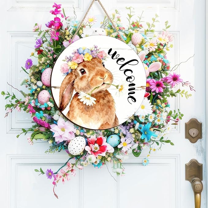 Kercan Easter Decor Door Sign, Religious Easter Decorations for Home, Spring Welcome Sign for Front Door, Bunnies Wood Signs, Bunny Egg Decor Wood Hanging Sign Gifts