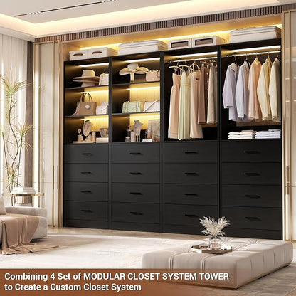 Aheaplus Closet Drawers System, 21.3" Wood Closet Organizer System with 4 Drawers, Modular Walk-in Closet System Storage Unit, Small Closets Wardrobe Rack, Tall Storage Cabinet Unit, Black