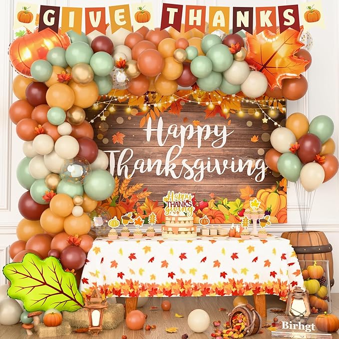 Thanksgivng Party Decorations Kit, Fall Give Thanks Party Supplies, Autumn Fall Pumpkin Backdrop Balloon Garland Maple Leaves Toppers Backdrop Tablecloth for Thanksgiving Party Decorations Set