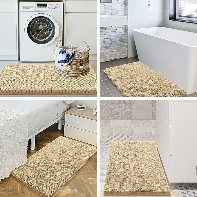 Smiry Luxury Chenille Bathroom Rugs 24x16, Extra Soft and Absorbent Shaggy Bath Mat, Machine Washable, Non-Slip Plush Carpet Runner for Tub, Shower, and Floor, Home Decor Accessories, Beige