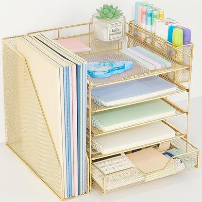 Desk Organizer, 5-Tier Paper Letter Tray Organizer with File Holder, Drawer and Pen Holder, Desktop Organizer for Office Supplies, Gold