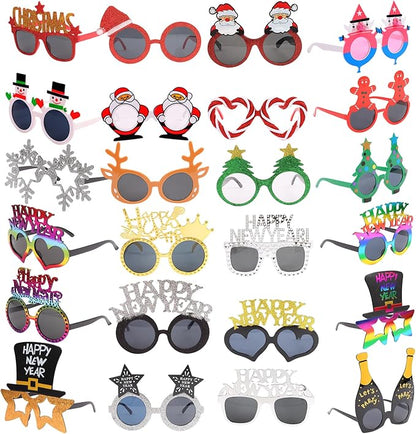 Christmas and New Year Party Glasses Set, 24 Pieces Novelty XMAS Eyeglasses, Photo Booth Props for Holiday Celebration, Christmas Party Favors, New Year's Eve Party Supplies