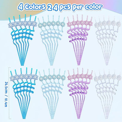24Pcs Glitter Reusable Frozen Plastic Straws Drinking Straws, 4 Snowflake Shape & 4 Colors, Frozen Party Decoration Birthday Party Supplies