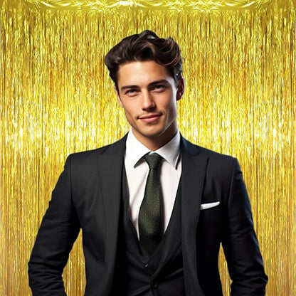 3 Pack 3.3 x 6.6 ft Gold Foil Fringe Backdrop Curtains, Tinsel Streamers Party Decorations, Fringe Backdrop for Birthday, Baby Shower, Gender Reveal, Graduation